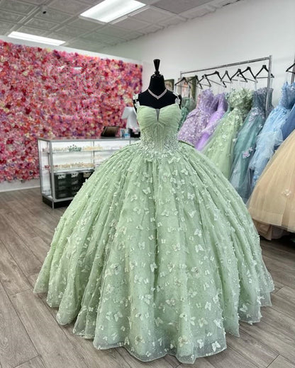 3D Butterfly Quinceanera Dresses Sage Green Ball Gowns with Crystal Corset        fg6684