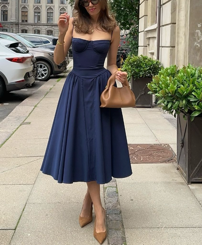 Elegant Spaghetti Strap Midi Dress A Line Party Dresses Navy Blue Casual Birthday Holiday Dress      fg6543