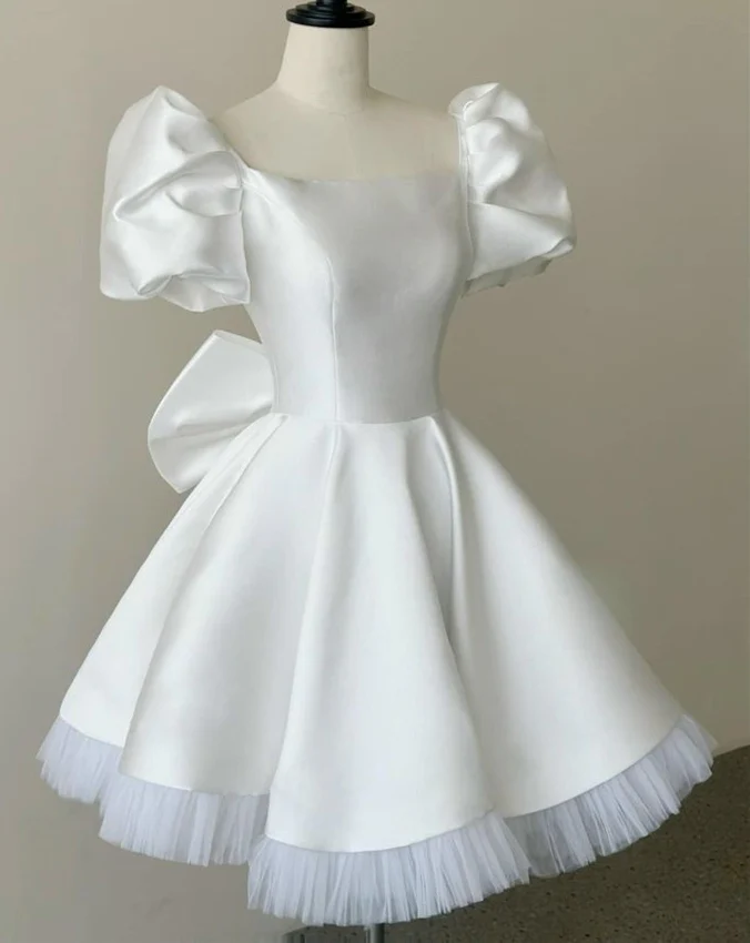 White Satin Homecoming Dress 2024 Puffy Short Sleeves       fg6471