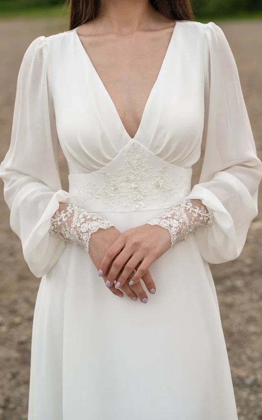 Ivory lace wedding dress, long-sleeve button back long train gown lace & chiffon Wedding Dresses     fg6636