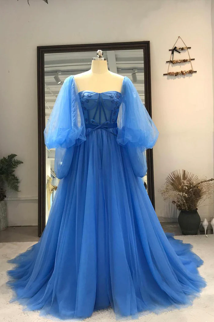 Tulle Long Sleeve Prom Dress, A-Line Tulle Formal Evening Dress         fg6328