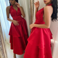 Elegant Short Satin Halter Evening Dresses Muslim Backless A-Line Red Dress Formal Dress Pleated Tea Length Gowns         fg6308