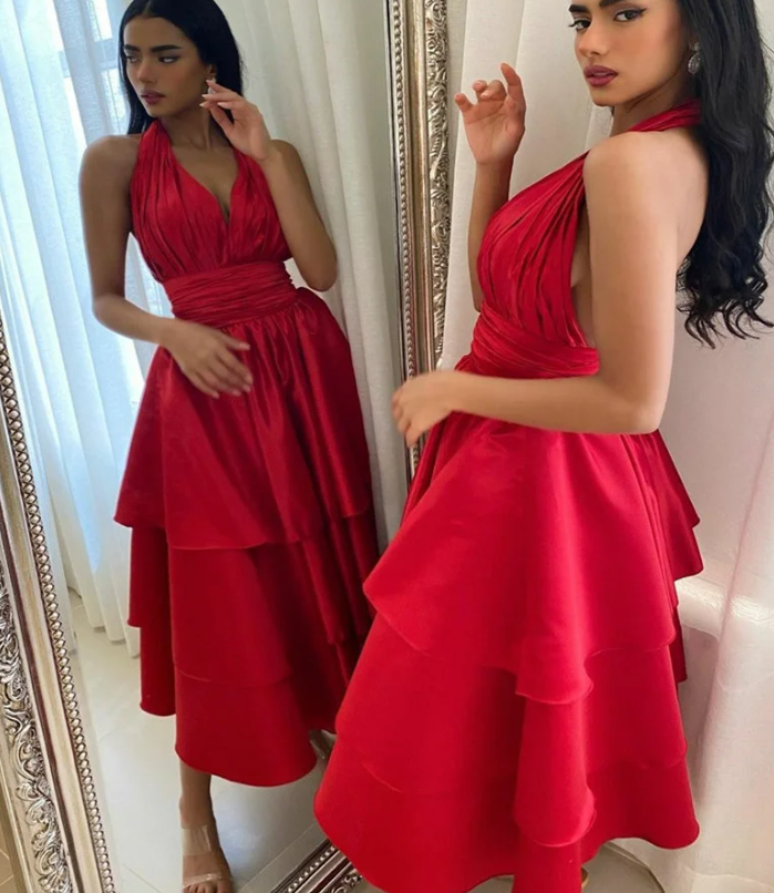 Elegant Short Satin Halter Evening Dresses Muslim Backless A-Line Red Dress Formal Dress Pleated Tea Length Gowns         fg6308