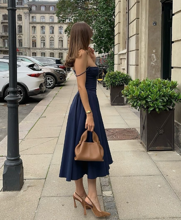 Elegant Spaghetti Strap Midi Dress A Line Party Dresses Navy Blue Casual Birthday Holiday Dress      fg6543