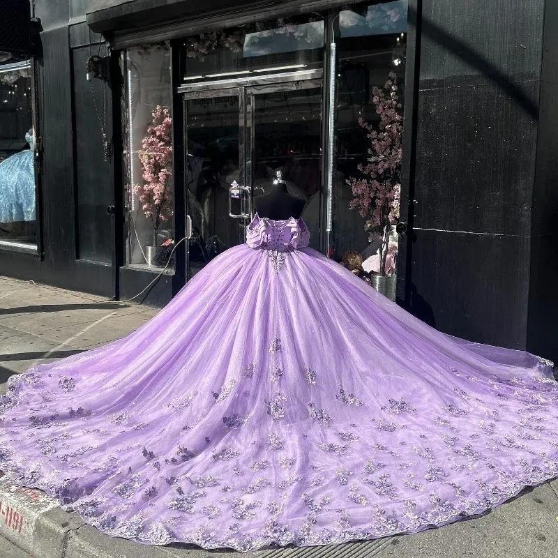 Ball Gown Luxury Off-Shoulder 3D Floral Quinceanera Dress in Lilac         fg6488