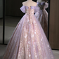 A-Line Off Shoulder Tulle Lace Purple Long Prom Dress, Purple Formal Dress      fg6578