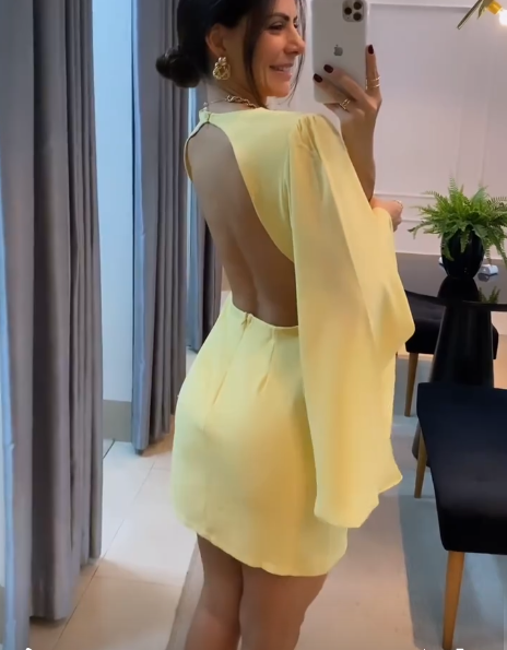 Yellow Long Sleeves Simple Short Formal Dress       fg6208