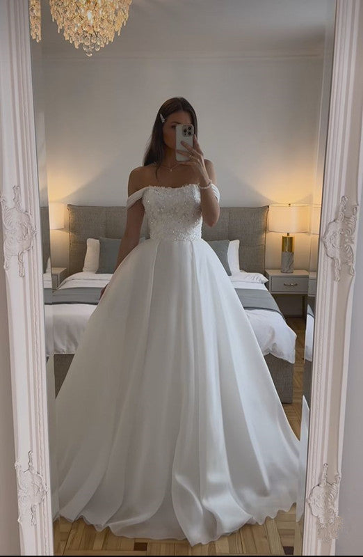 White Off The Shoulder Wedding Dresses A Line Long Bridal Gowns      fg7260