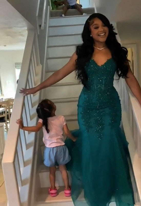 Dark Green Mermaid Tulle Lace Prom Dress Winter Formal Gown      fg4863