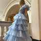 Sky Blue Tiered Skirt Prom Dress Puff Short Sleeves Formal Party Evening Gown   fg7259