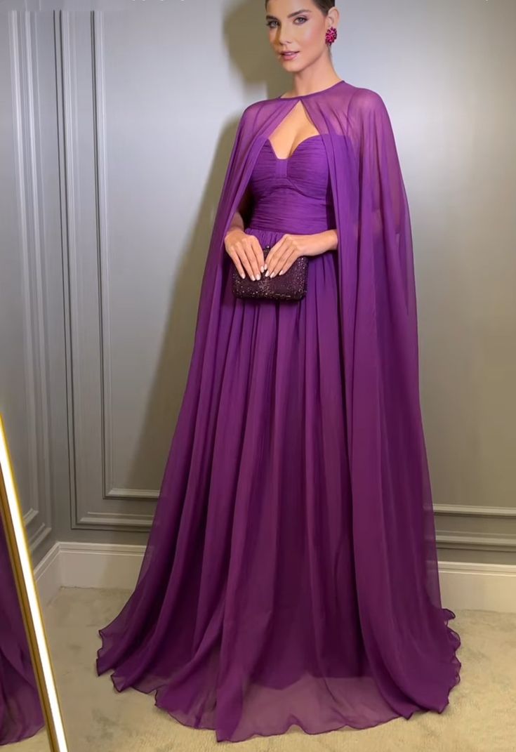 Elegant Purple Chiffon Long Evening Dress with Cape A-Line Pleated Floor Length Formal Prom Gown     fg7269