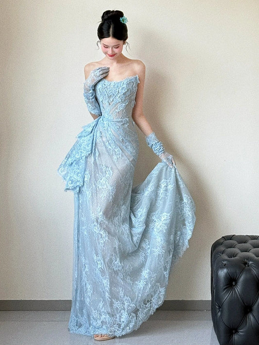 Blue Lace Mermaid Long Prom Dress Sexy Evening Dresses   fg7665