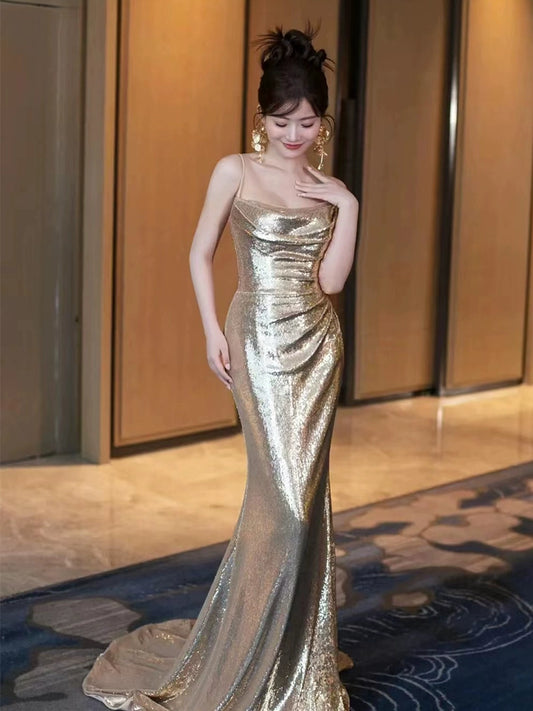 Gold Sequin Mermaid Long Prom Dress Sexy Evening Dresses   fg7667