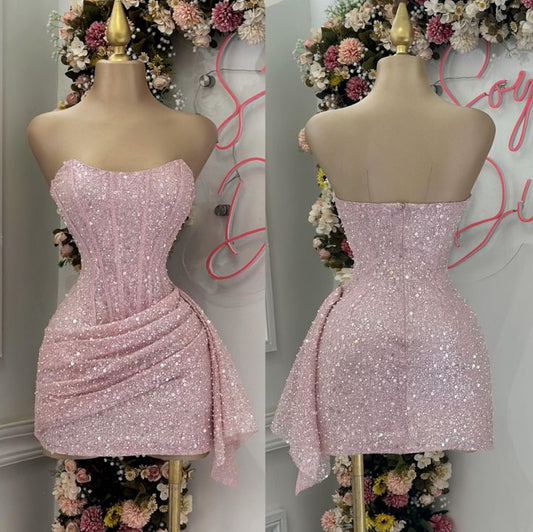 Pink Strapless Sequins Party Dress Mini Homecoming Dress Birthday Outfits     fg6892