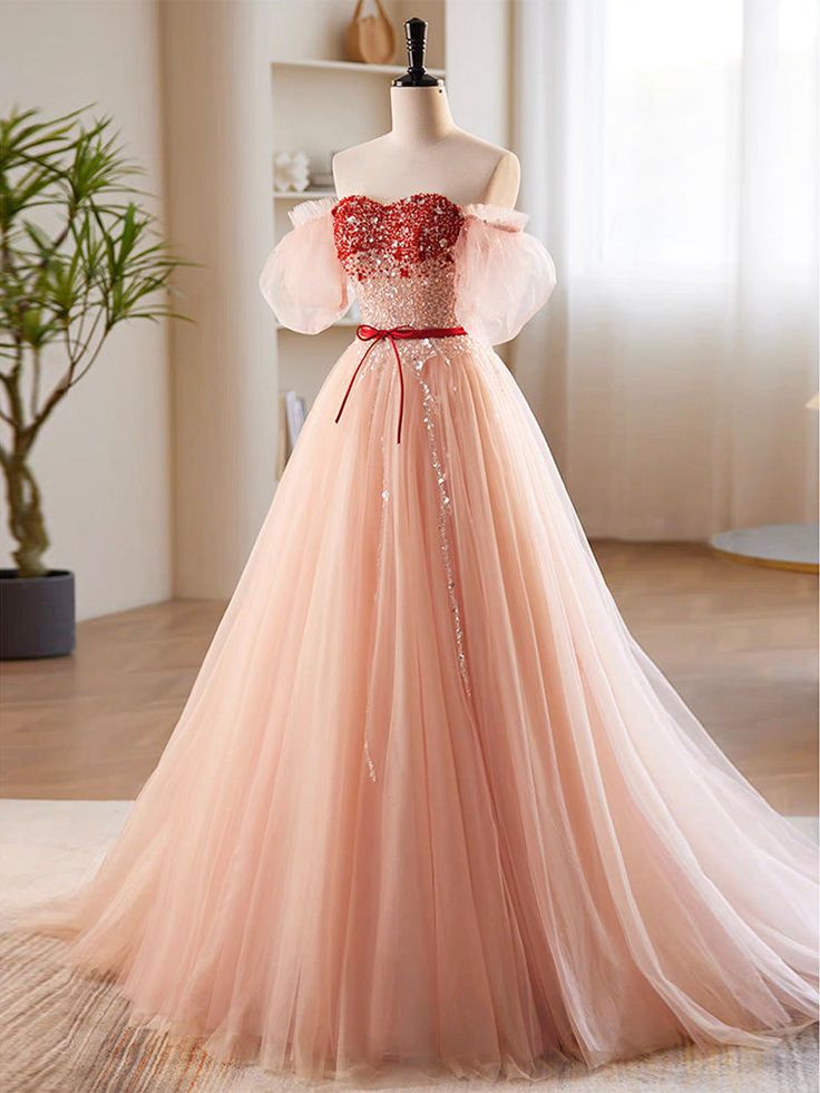 A-Line Sweetheart Neck Sequin Tulle Long Prom Dress, Formal Dress      fg6880