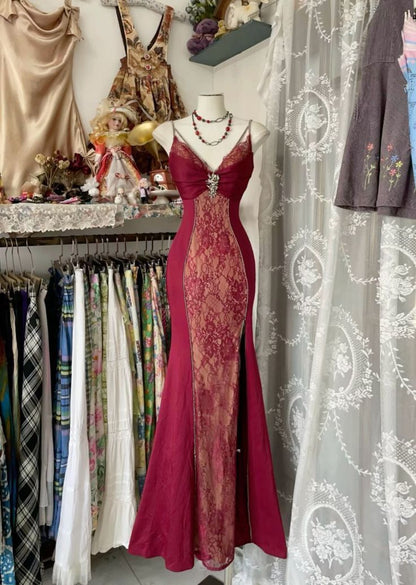 V Neck Lace Burgundy Long Prom Dress Mermaid Evening Party Gown     fg6916