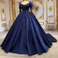 Elegant Navy Blue O-Neck Sequined Appliques Long Sleeves Quinceanera Evening Dress Ball Gown Floor Length Princess Prom Dress      fg6858