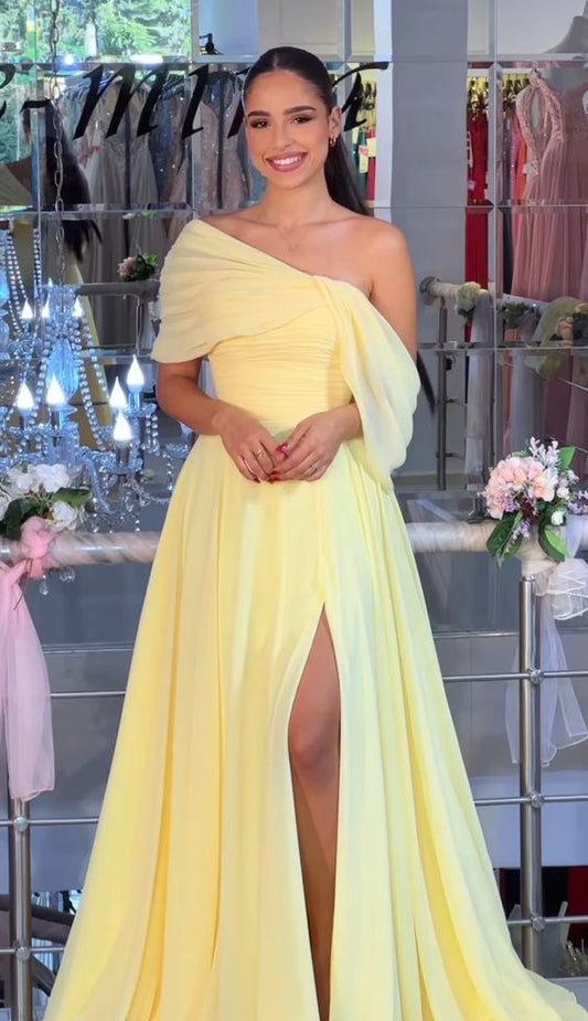 Vintage A line Yellow Long Prom Dress Evening Dresses       fg6832