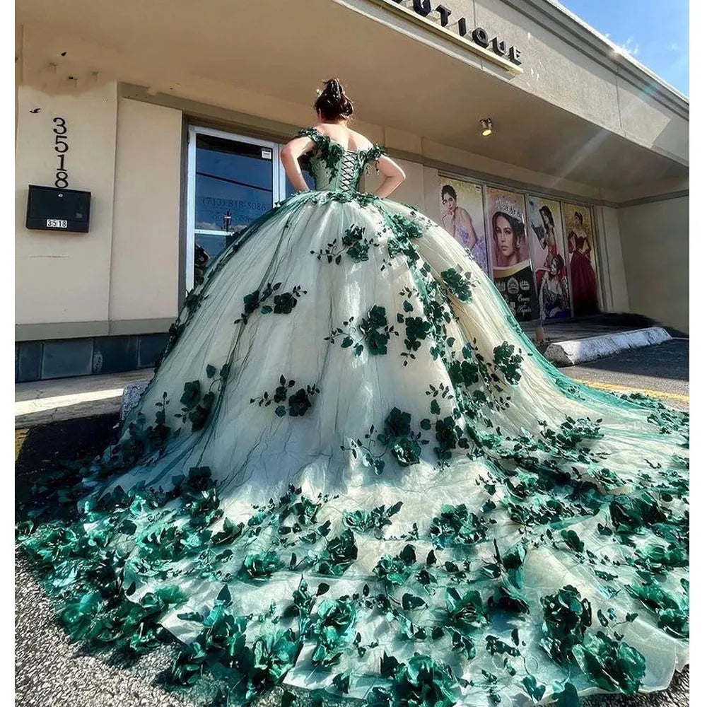 Green Quinceanera Dresses Off Shouder Beads Appliques Ball Gown Sweet 16 Dress    fg5758