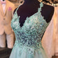 Dusty Sage Flower Straps Beaded V Neck Long Prom Dress      fg4492