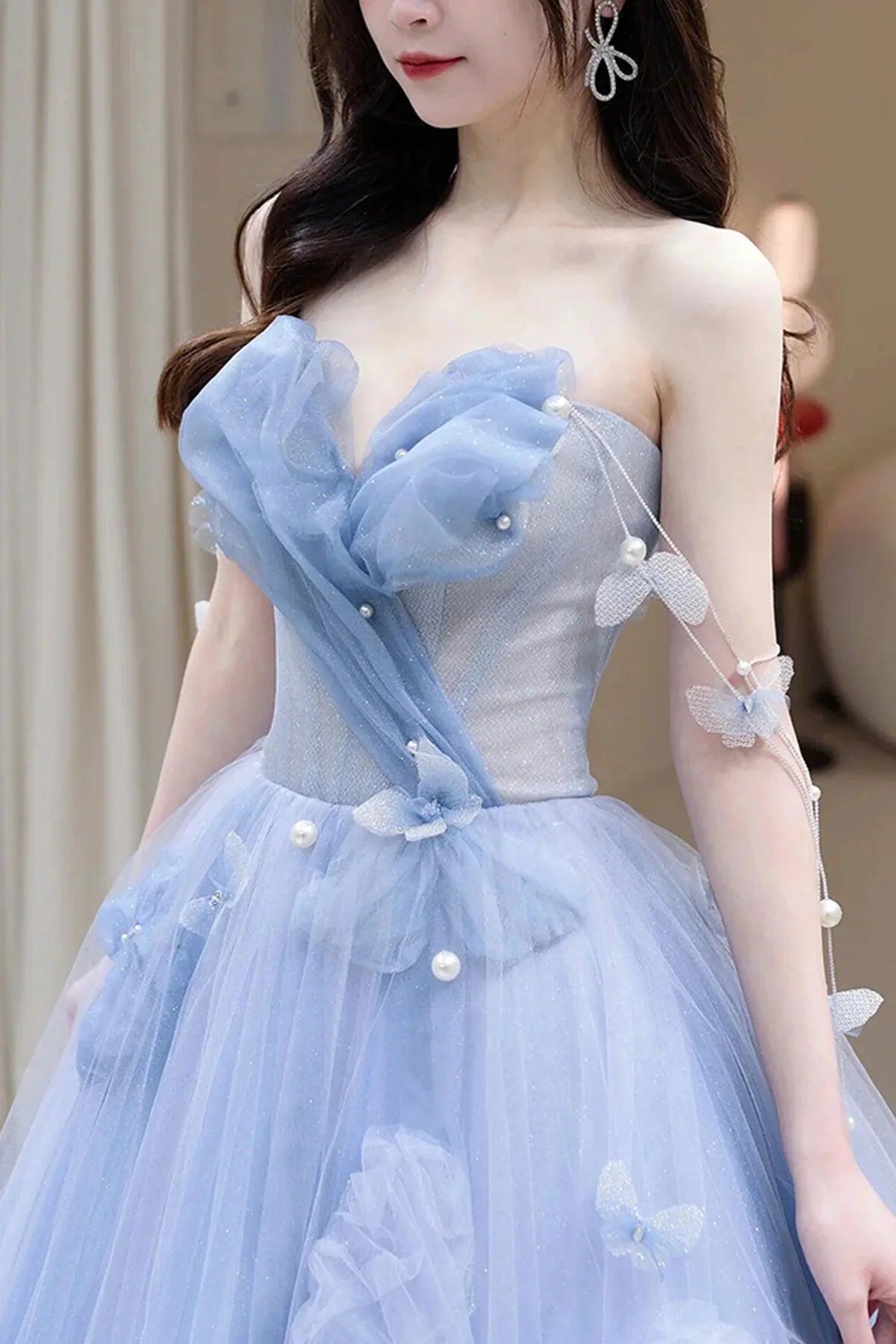 A Line Blue Tulle Long Prom Dress, Strapless Long Blue Beaded Tulle Formal Evening Dresses      fg4442