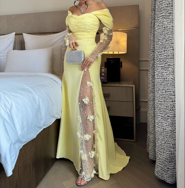 Elegant Prom Dresses Long Yellow Evening Dress Off Shoulder Formal Wedding Party Dress    fg7463