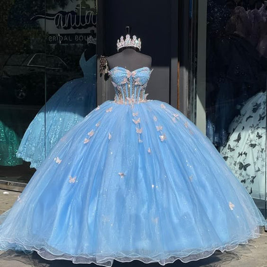 Sky Blue Quinceanera Dresses 3D Butterfly Sweet 16 Prom Birthday Party Ball Gown      fg6604