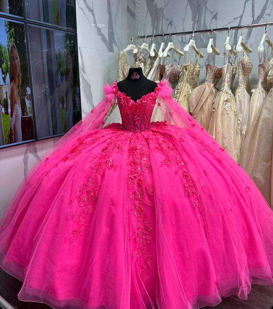 Quinceañera Off-Shoulder Lace Appliques Tulle Ball Gown Dress with Cape for Sweet 16 Birthday      fg6296