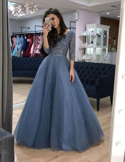 A-line V neck 3/4 Sleeve Elegant Long Prom Dresses Beaded Evening Formal Dress       fg5897