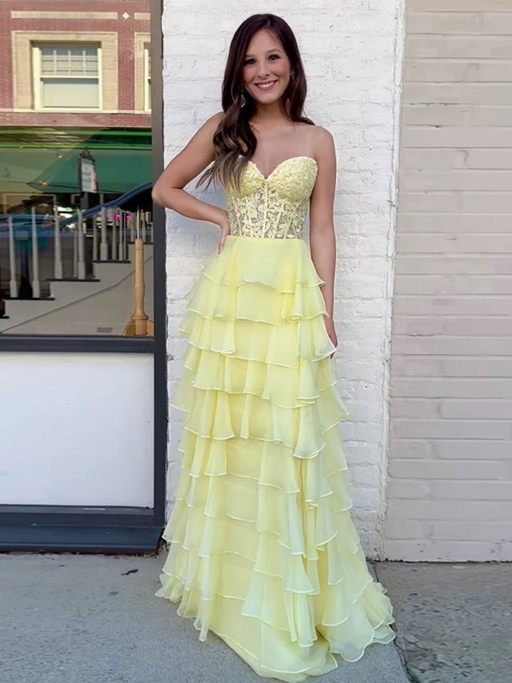 Strapless Layered Yellow Lace Top Long Prom Dresses, Long Yellow Formal Dresses, Yellow Chiffon Evening Dresses        fg6690