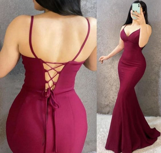 burgundy sleeveless spaghetti-straps prom evening dress     fg6615