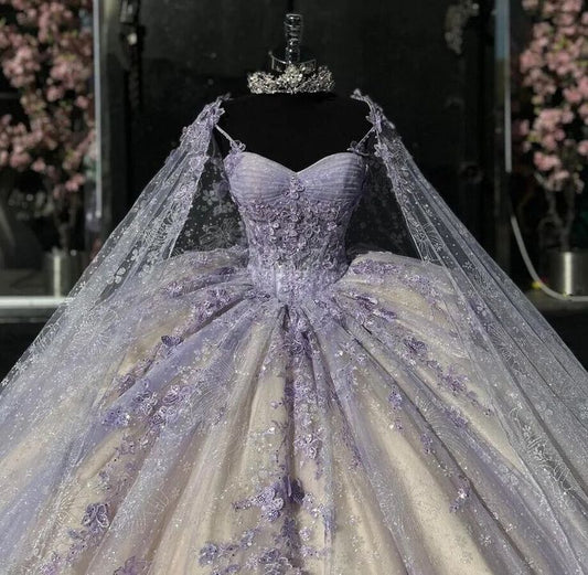 Light Purple Quinceanera Dressess with Cape Luxury Butterfly Applique Sweet 16 Ball Gown       fg6470