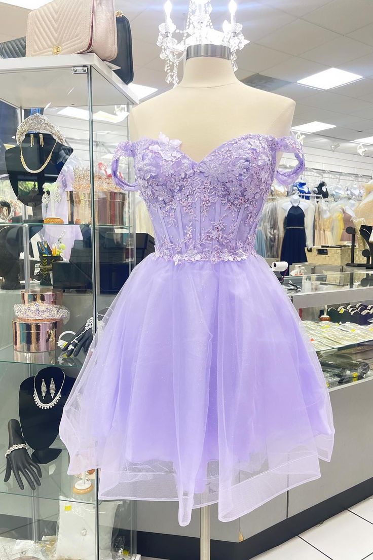 Off Shoulder Lavender Appliques Homecoming Dress Tulle Short Party Dress      fg5925