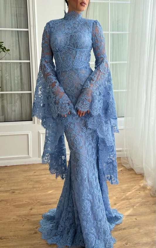 High Neck Mermaid Evening Dress for Women Flare Sleeves Blue Lace Long Prom Dresses   fg7571