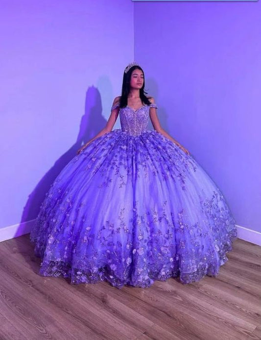 Purple Shiny Puffy Princess Quinceanera Dresses Off Shoulder Beads 3D Floral Gillter Sequins Lace-up Corset Vestidos 15 anos rosa     fg5533