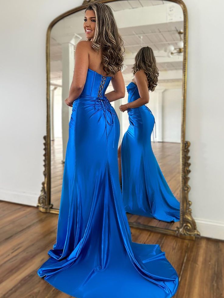 Mermaid Strapless Satin Long Prom Dress With Slit      fg5867