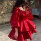 Lovely Red Short Prom Dresses A Line Puff Long Sleeves Tiers Skirt Homecoming Graduation Dress       fg5958