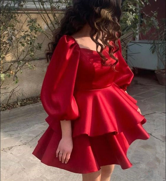 Lovely Red Short Prom Dresses A Line Puff Long Sleeves Tiers Skirt Homecoming Graduation Dress       fg5958