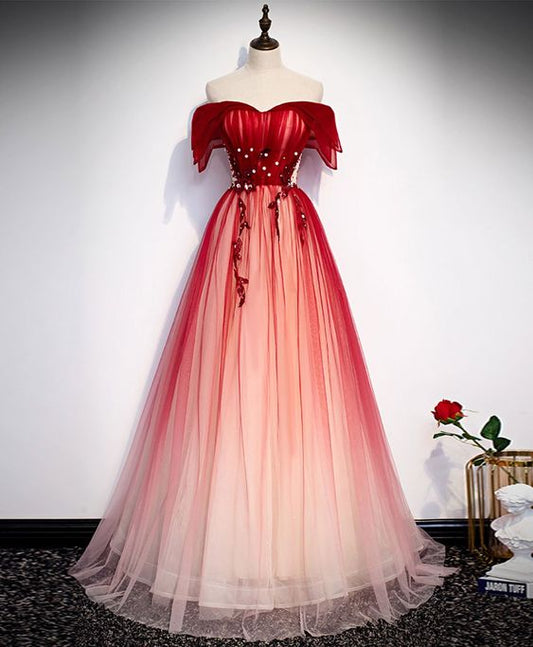 Burgundy Off Shoulder Tulle Long Prom Dress, Burgundy Formal Dress       fg5699