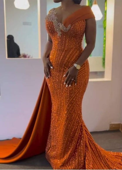 Sequined African Dress,Custom Mermaid Long Orange Evening Dress     fg5703