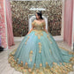 Quinceanera Dresses Off The Shoulder Ball Gown Gold Floral Appliques Handmade Flowers Lace Sweet 15 Party Dresses      fg5547