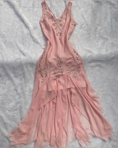 Pink V Neck Chiffon Long Party Dress Evening Dress        fg6667