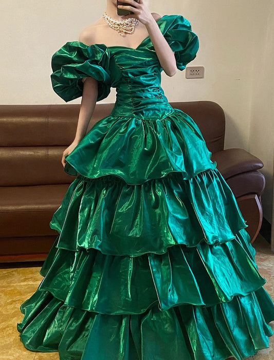 Emerald Green Off Shoulder Long Prom Dresses Vintage Formal Evening Dress  fg7590