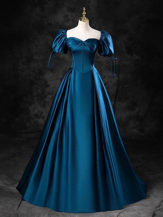 Blue Satin Off the Shoulder Floor Length Prom Dress, Blue A-Line Party Dress        fg6764