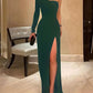 Elegant Green Dress Prom Floor Length Long Sleeve One Shoulder Fall Wedding Guest Stretch Fabric with Slit     fg5406