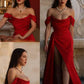 Elegant Off Shoulder Side Slit Mermaid Satin Red Long Prom Dresses       fg6480