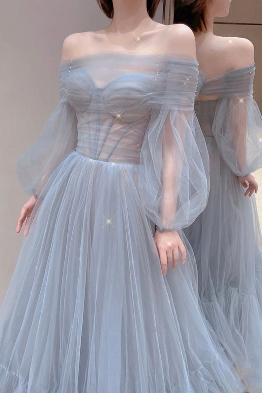 Blue Tulle Long Prom Dress, Beautiful Long Sleeve Tulle Evening Dress      fg6142