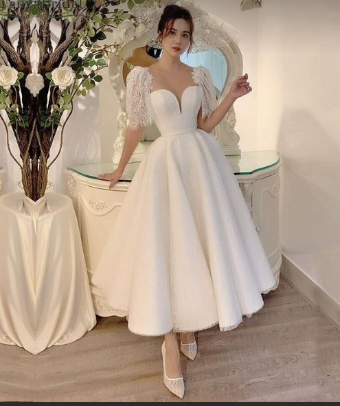 A-line Tea Length Lace Wedding Dresses With Short Sleeves       fg6418