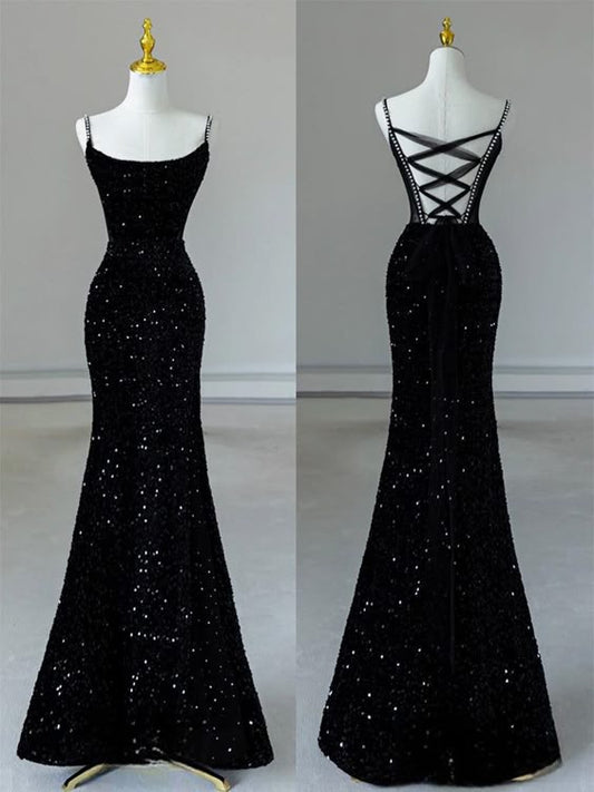 Simple Mermaid Sequin Black Long Prom Dress, Black Evening Dress      fg6648