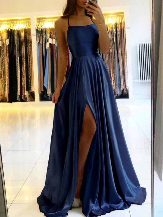 Women Prom Dress Spaghetti Strap Satin Slit Side Dress A-line Prom Dress      fg5428